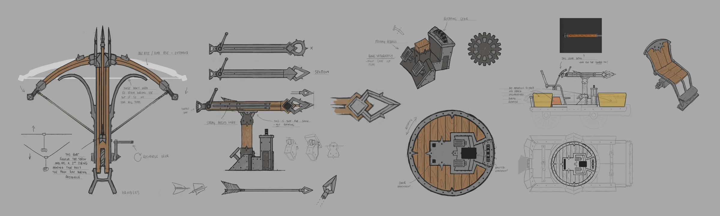 Ballista concept sheet showing the bow, bolt designs, mechanical mount, controls, and seat