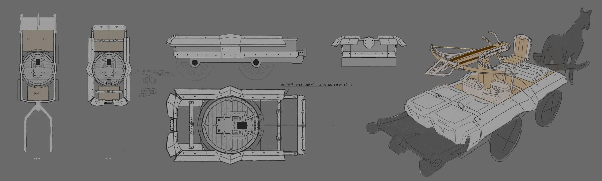War Wagon concept sheet showing top, side, and perspective views of the reinforced wagon and mounted ballista