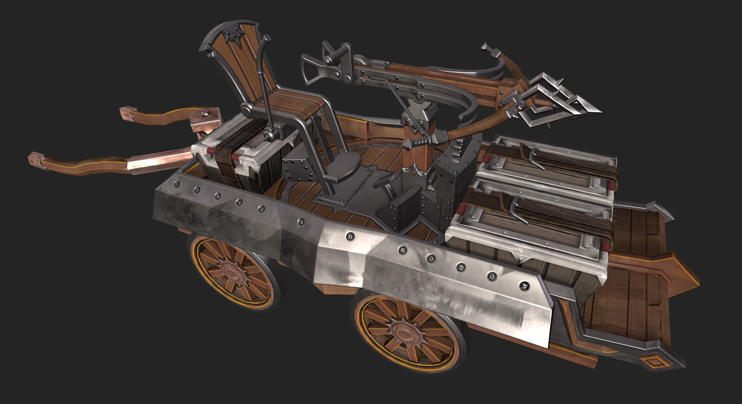 War Wagon 3D model with four wheels, metal side plates, wooden decking, strapped crates, a seat, and a mounted ballista