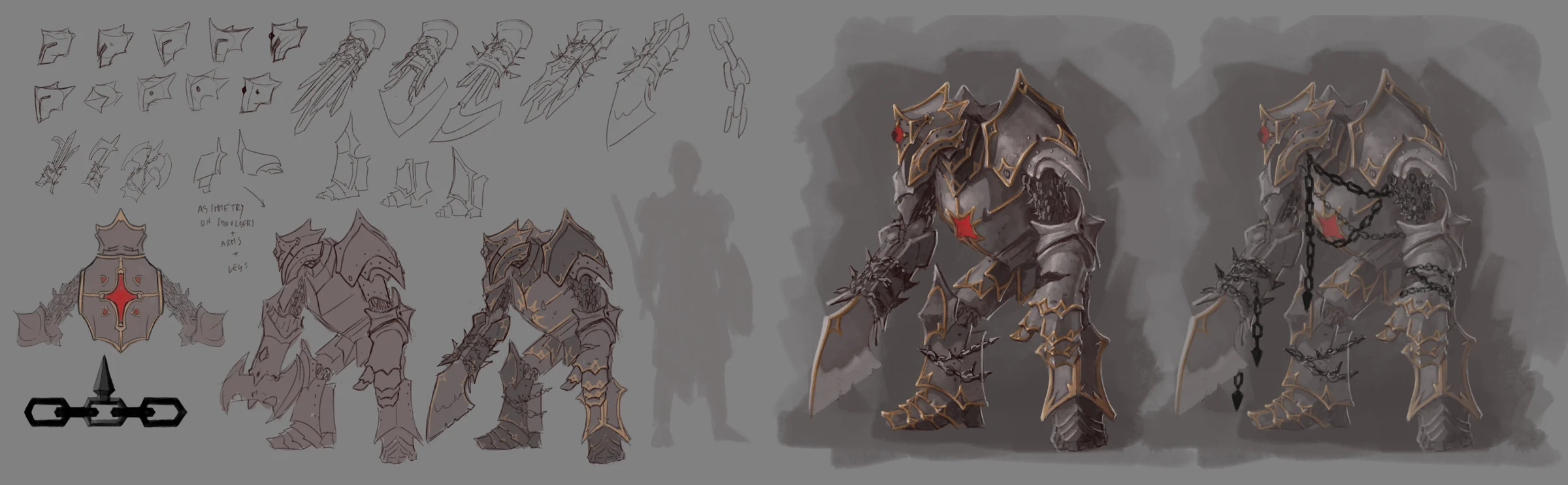 Wardens minion concept sheet exploring helmets, blades, asymmetric armor, chains, and red accents