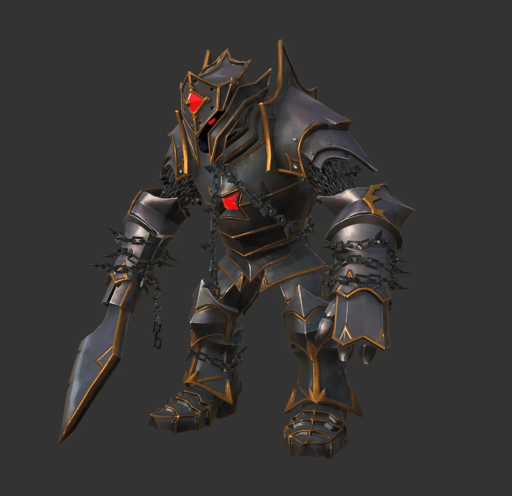 Nearly finished Wardens minion before final polish in a three-quarter view, with black and gold armor, chains, and a broad arm blade