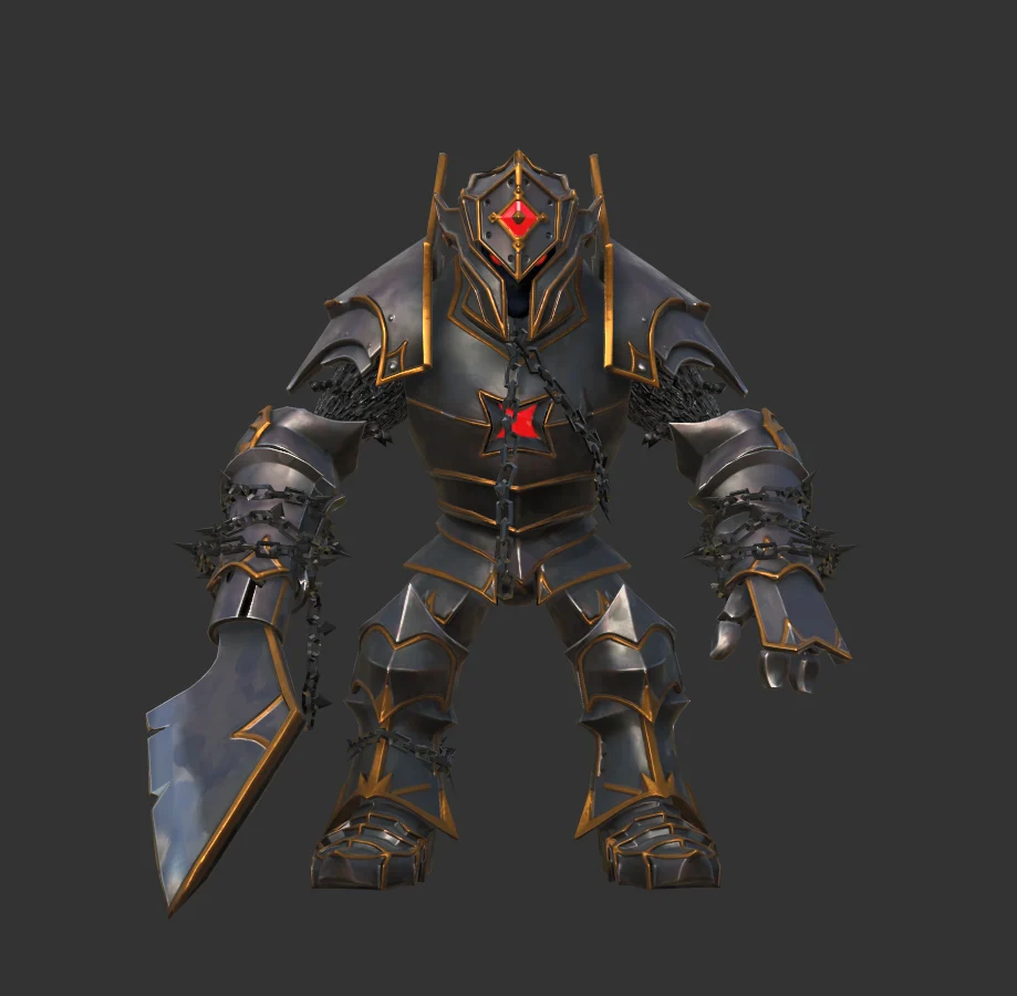 Front view of the nearly finished Wardens minion before final polish, showing its helmet and layered armor
